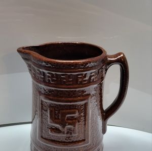 Brown Stoneware Good Luck Swastika Pitcher